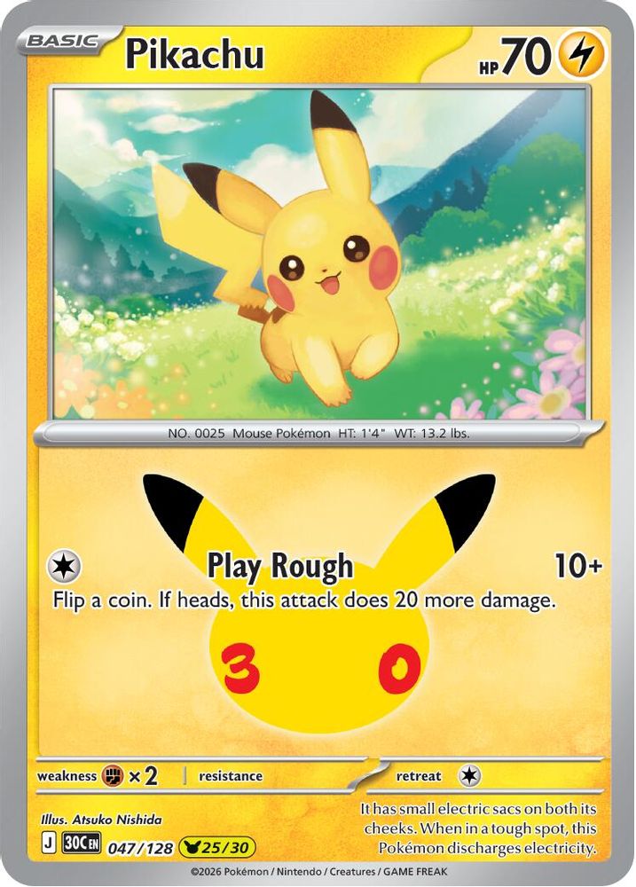 Pikachu 047/128 Holo Pikachu Rare ME: 30th Celebration