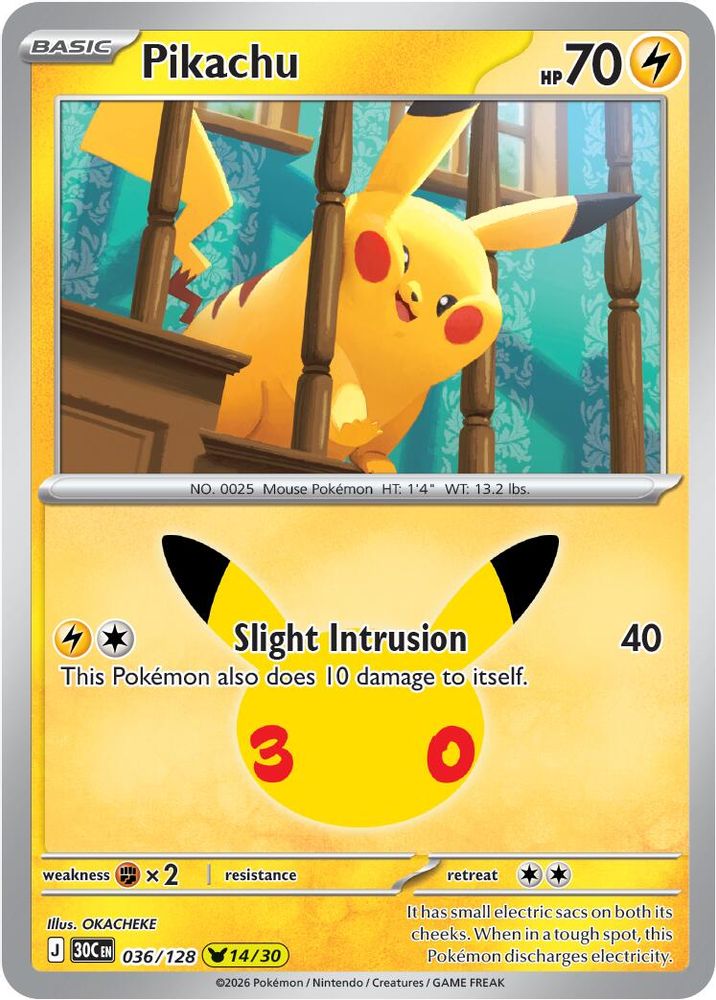 Pikachu 036/128 Holo Pikachu Rare ME: 30th Celebration