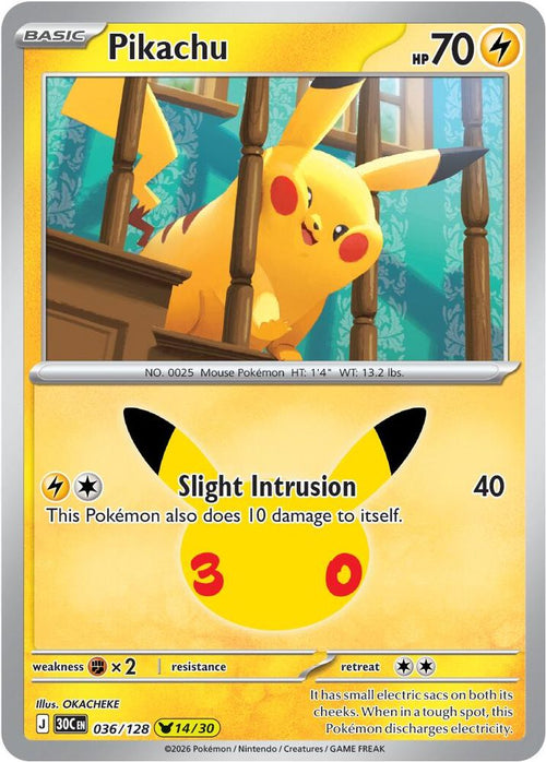 Pikachu 036/128 Holo Pikachu Rare ME: 30th Celebration
