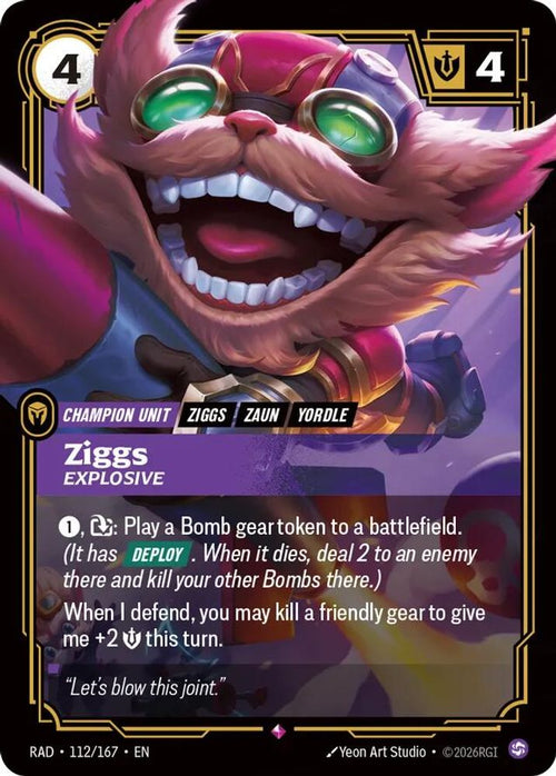 Ziggs, Explosive 112/167 Rare Radiance Riftbound Foil NM