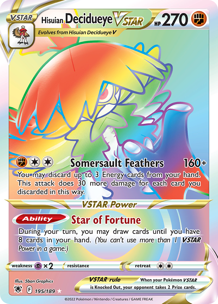 Hisuian Decidueye VSTAR 195/189 Rainbow Rare Astral Radiance Pokemon Holo NM