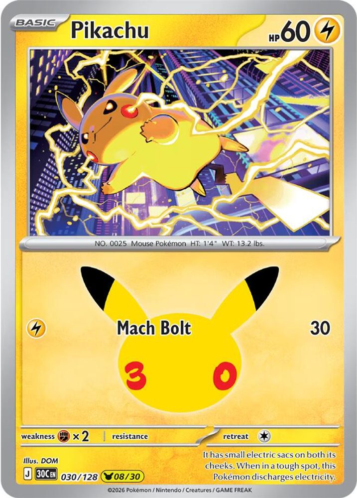 Pikachu 030/128 Holo Pikachu Rare ME: 30th Celebration