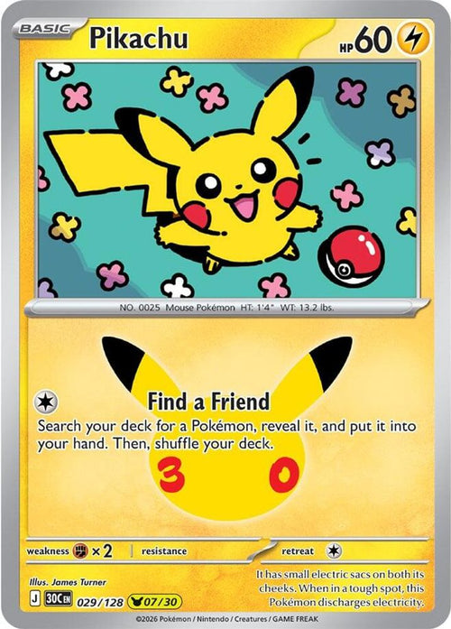 Pikachu 029/128 Holo Pikachu Rare ME: 30th Celebration