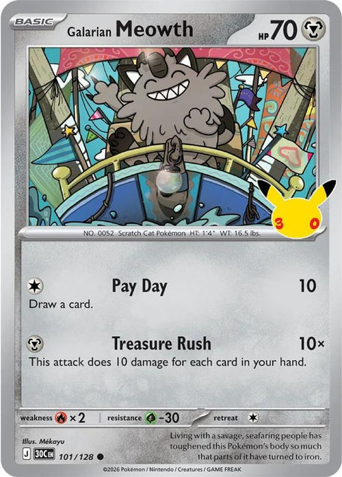 Galarian Meowth 101/128 Common ME: 30th Celebration Holo